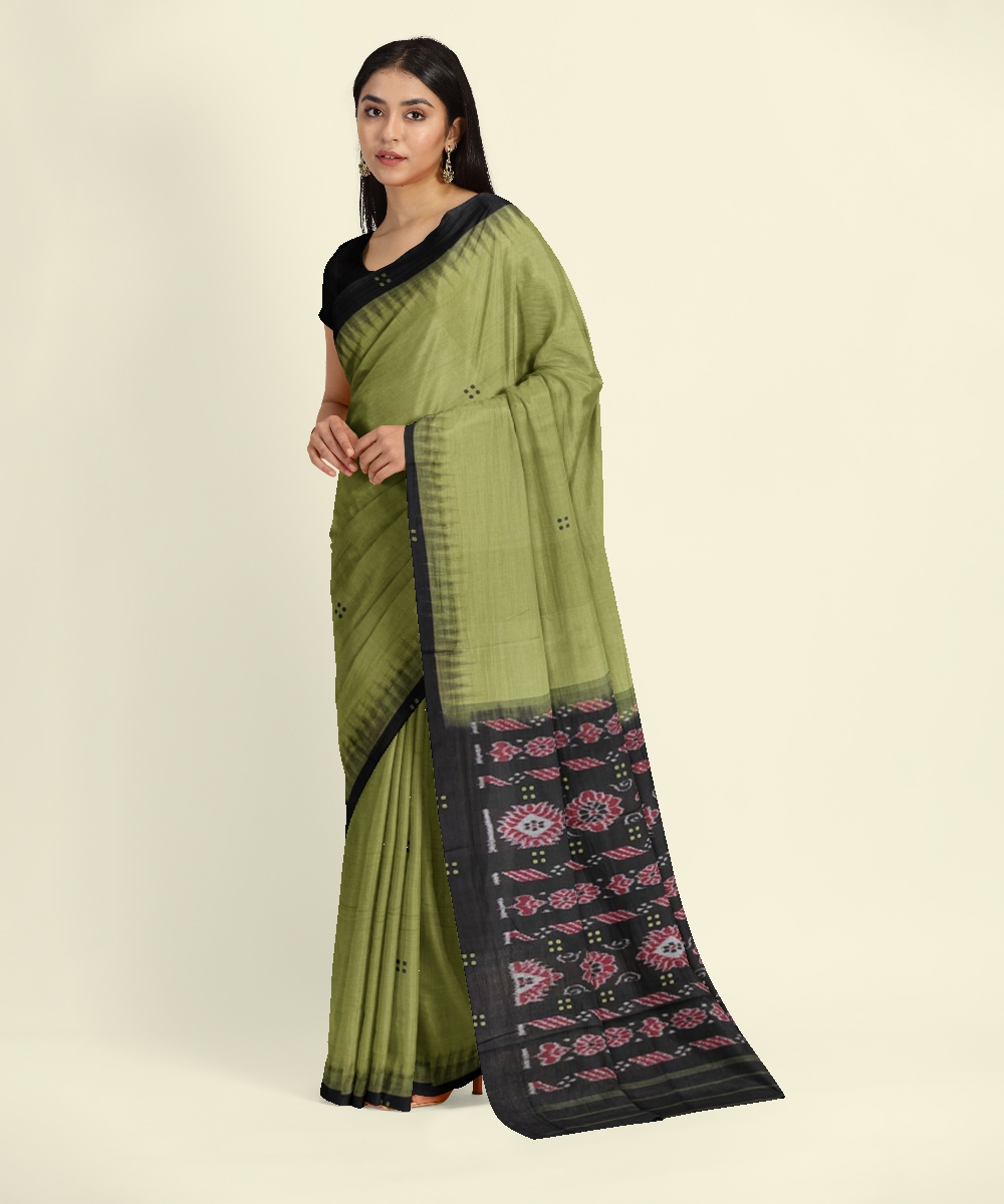 Olive Black Sambalpuri Handwoven Single Ikat Cotton Saree Image 3