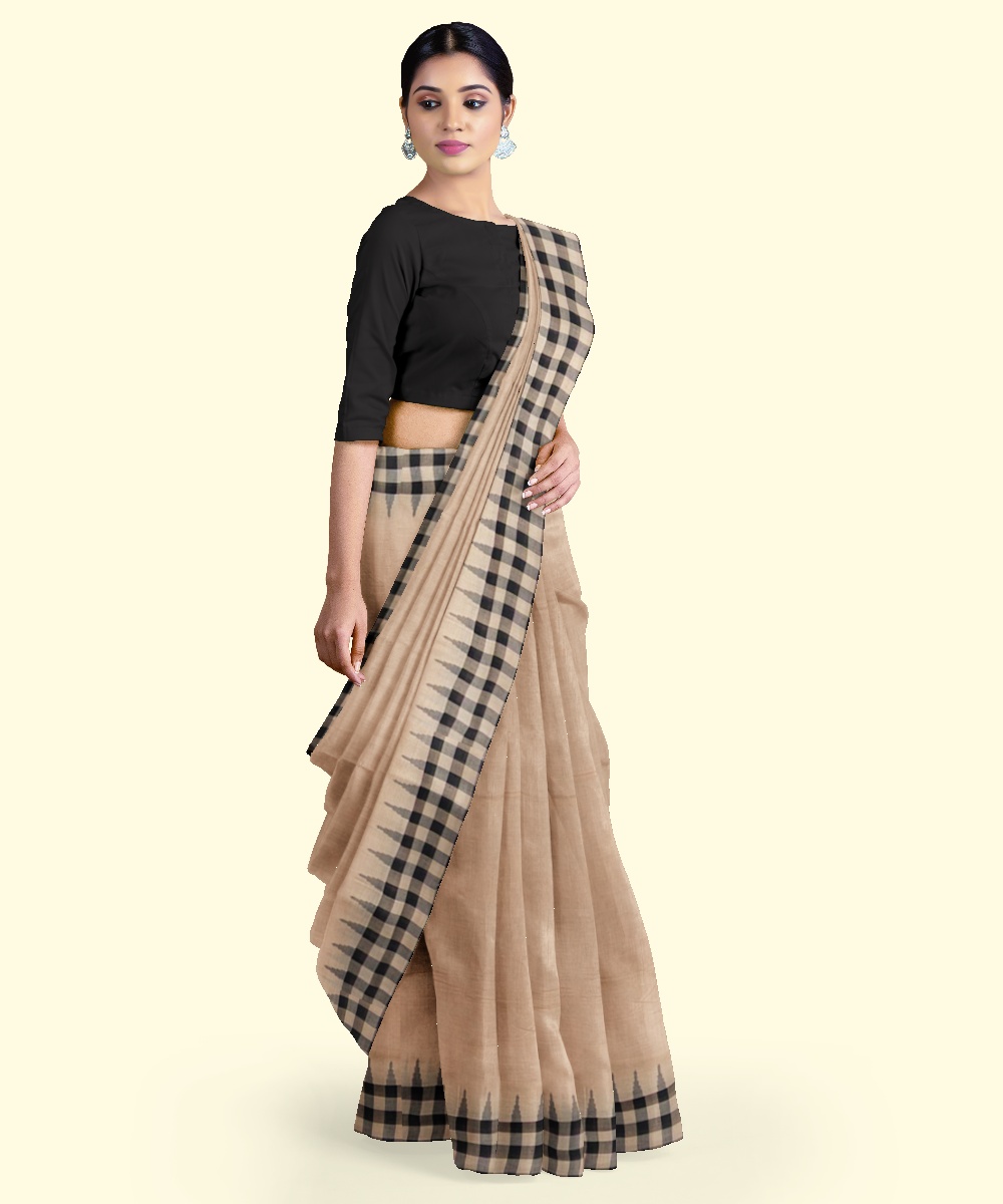 Beige Black Sambalpuri Handwoven Single Ikat Cotton Saree Image 3