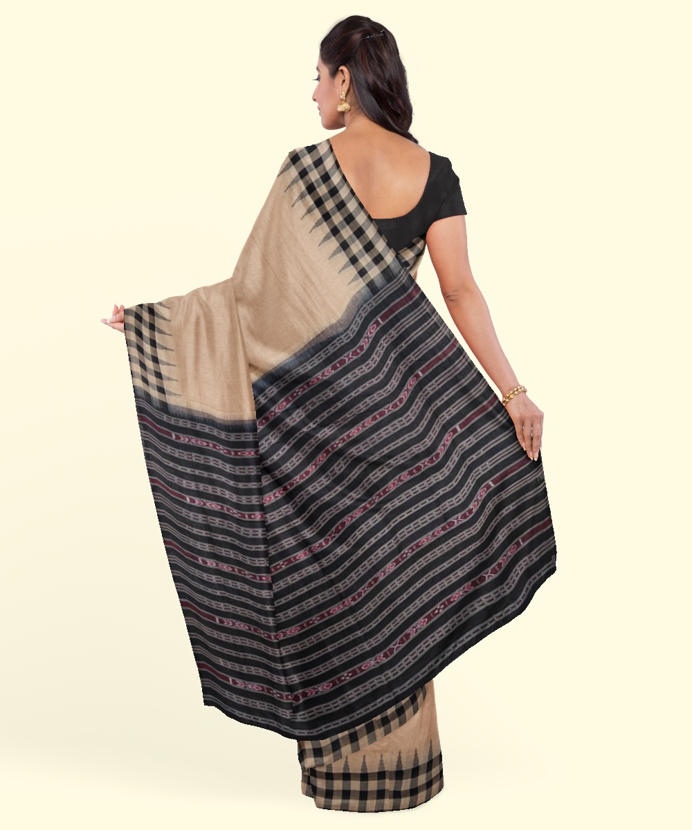 Beige Black Sambalpuri Handwoven Single Ikat Cotton Saree Image 4