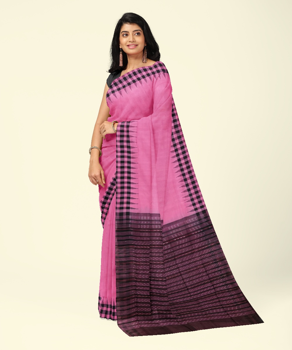 Pink Black Sambalpuri Handwoven Single Ikat Cotton Saree SFCSAR1994