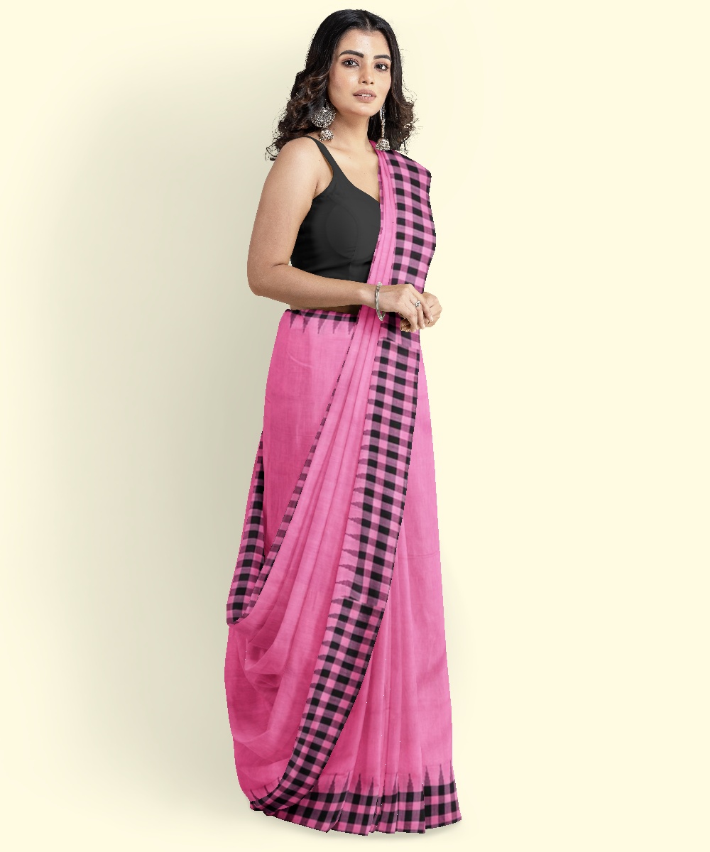 Pink Black Sambalpuri Handwoven Single Ikat Cotton Saree Image 3