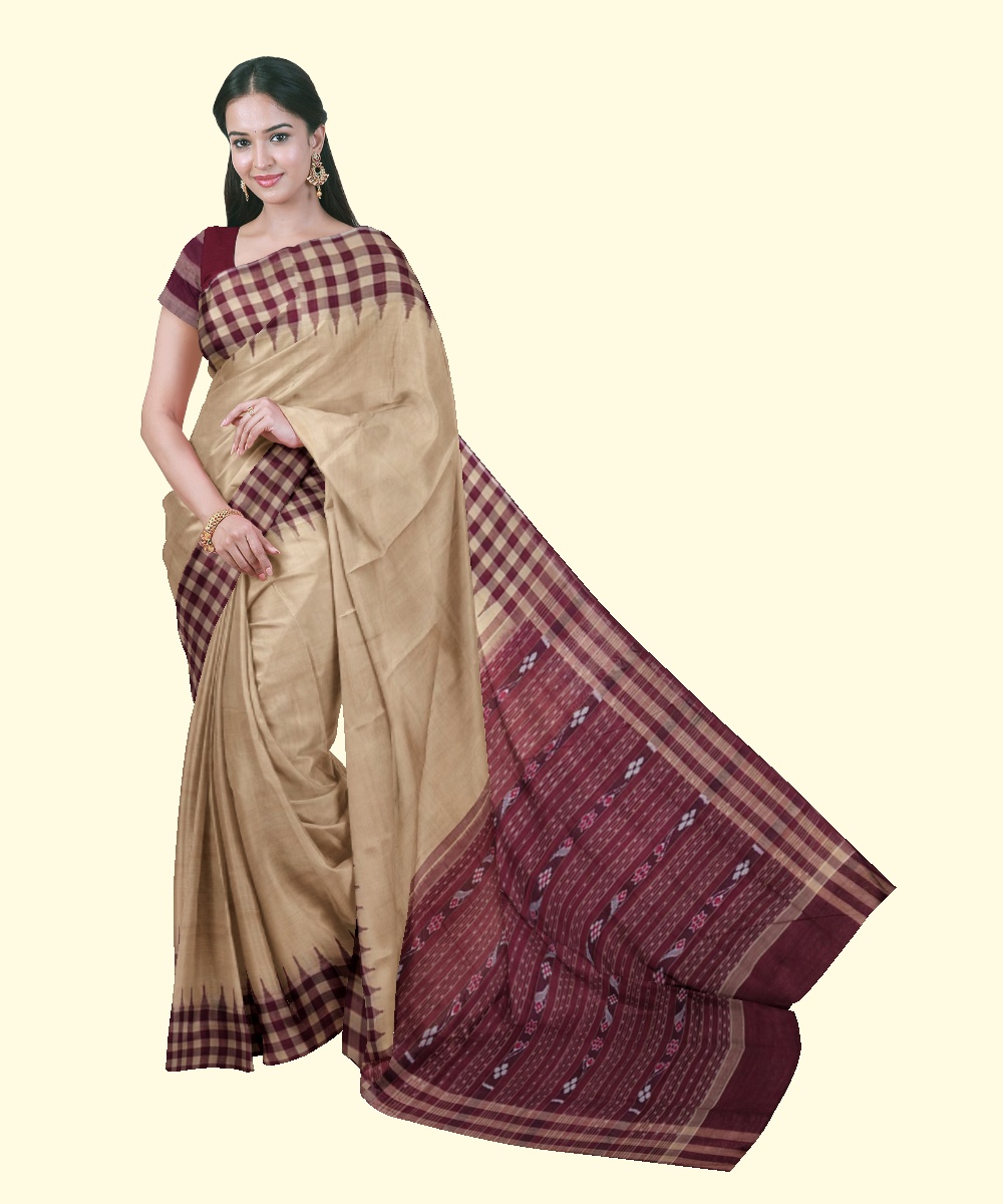Beige Maroon Sambalpuri Handwoven Single Ikat Cotton Saree SFCSAR1995