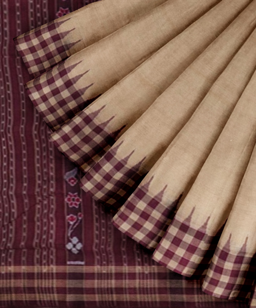 Beige Maroon Sambalpuri Handwoven Single Ikat Cotton Saree Image 2