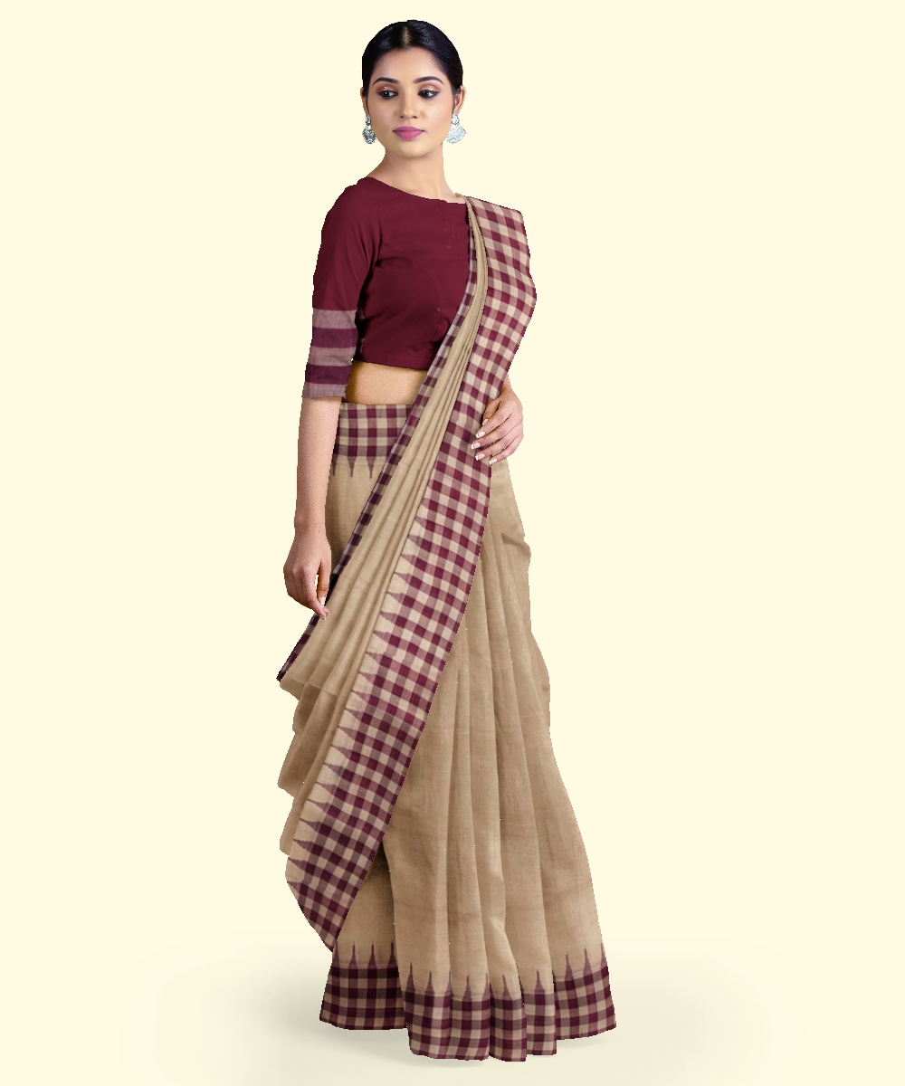 Beige Maroon Sambalpuri Handwoven Single Ikat Cotton Saree Image 3