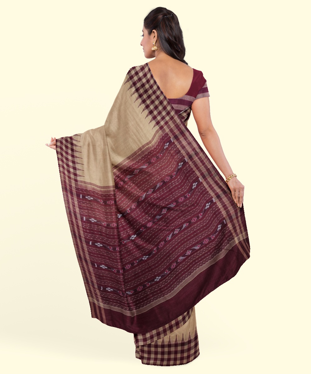Beige Maroon Sambalpuri Handwoven Single Ikat Cotton Saree Image 4