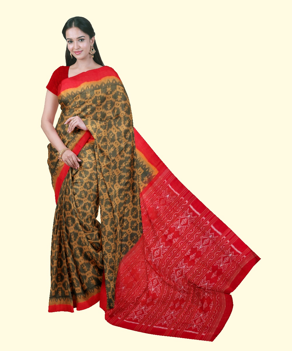 Olive Maroon Sambalpuri Handwoven Single Ikat Cotton Saree SFCSAR1997