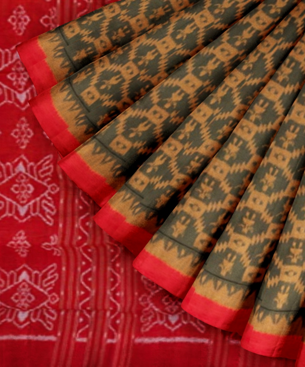Olive Maroon Sambalpuri Handwoven Single Ikat Cotton Saree Image 2