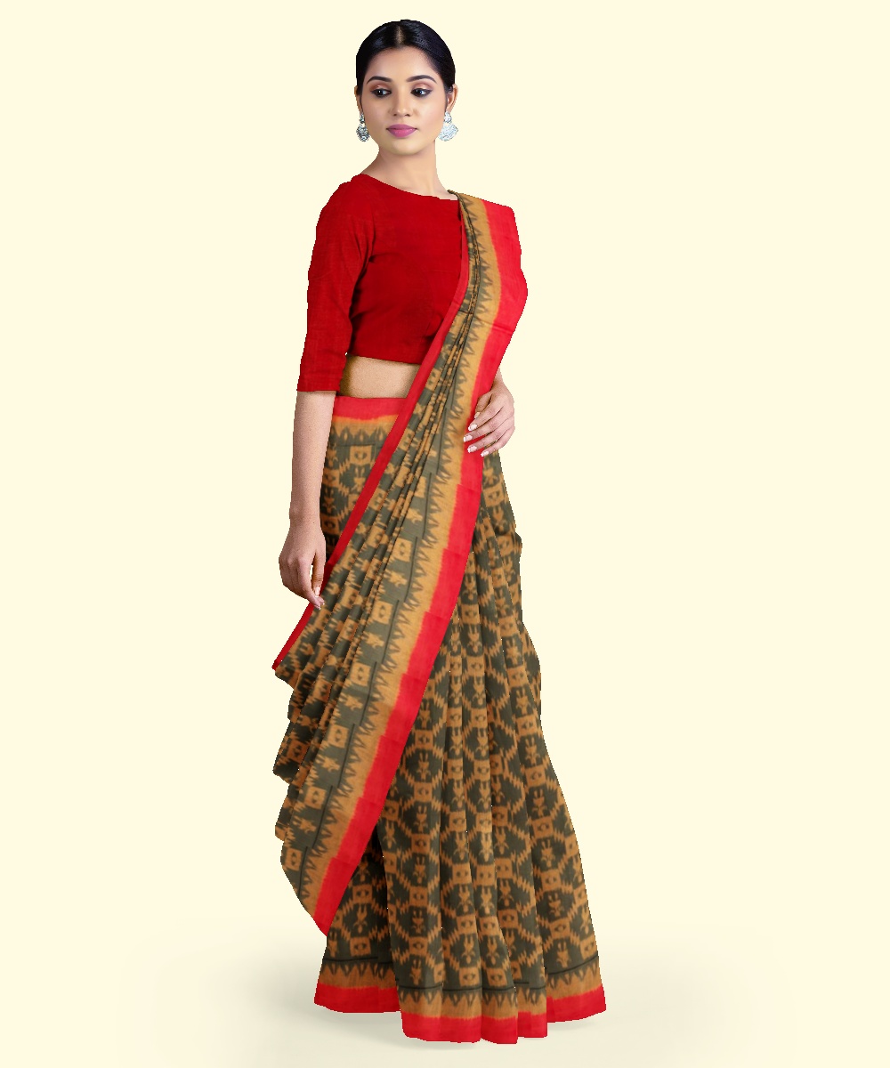 Olive Maroon Sambalpuri Handwoven Single Ikat Cotton Saree Image 3