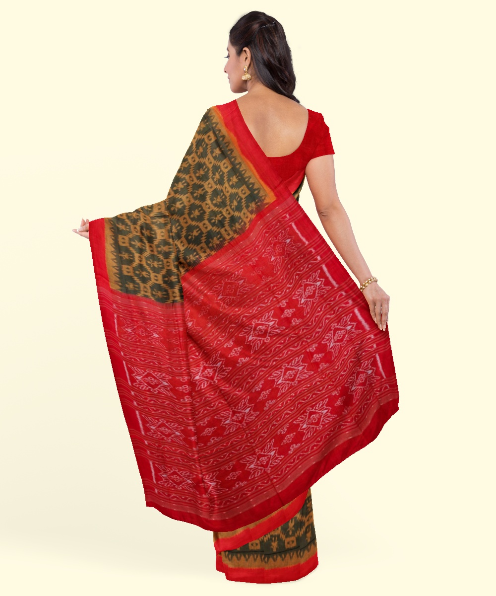 Olive Maroon Sambalpuri Handwoven Single Ikat Cotton Saree Image 4