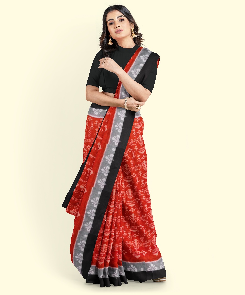 Rust Black Sambalpuri Handwoven Single Ikat Cotton Saree SFCSAR1998