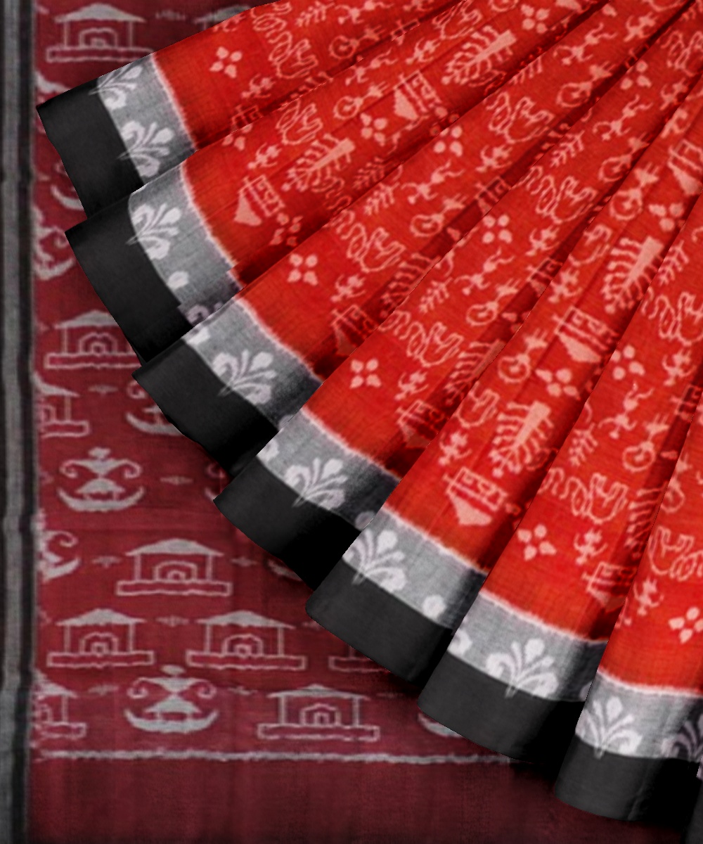 Rust Black Sambalpuri Handwoven Single Ikat Cotton Saree Image 2