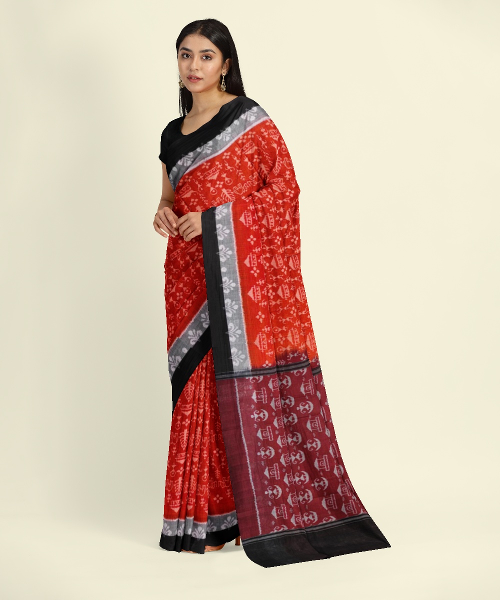 Rust Black Sambalpuri Handwoven Single Ikat Cotton Saree Image 3