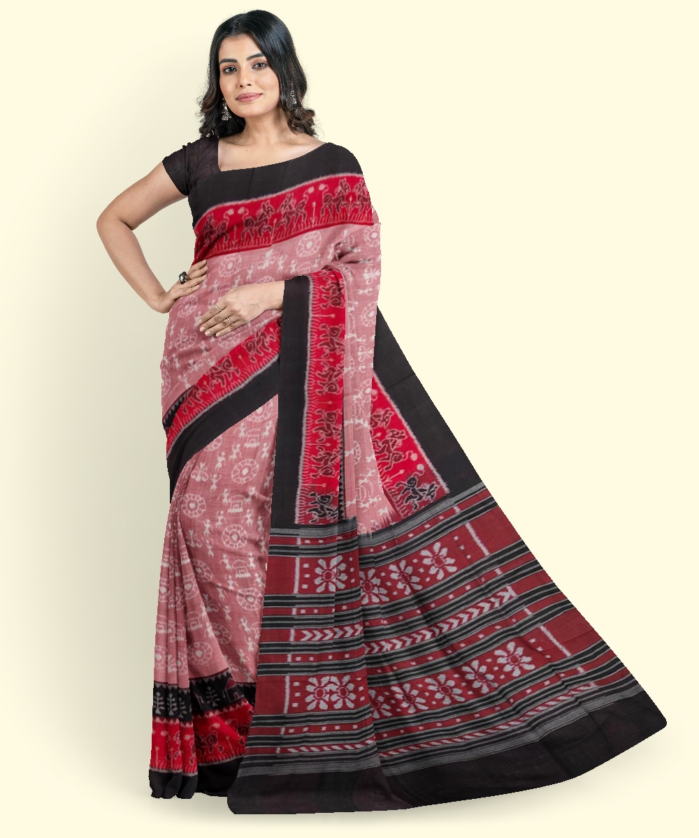 Red Sambalpuri Handwoven Single Ikat Cotton Saree SFCSAR2000