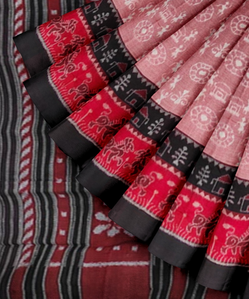 Red Sambalpuri Handwoven Single Ikat Cotton Saree Image 2