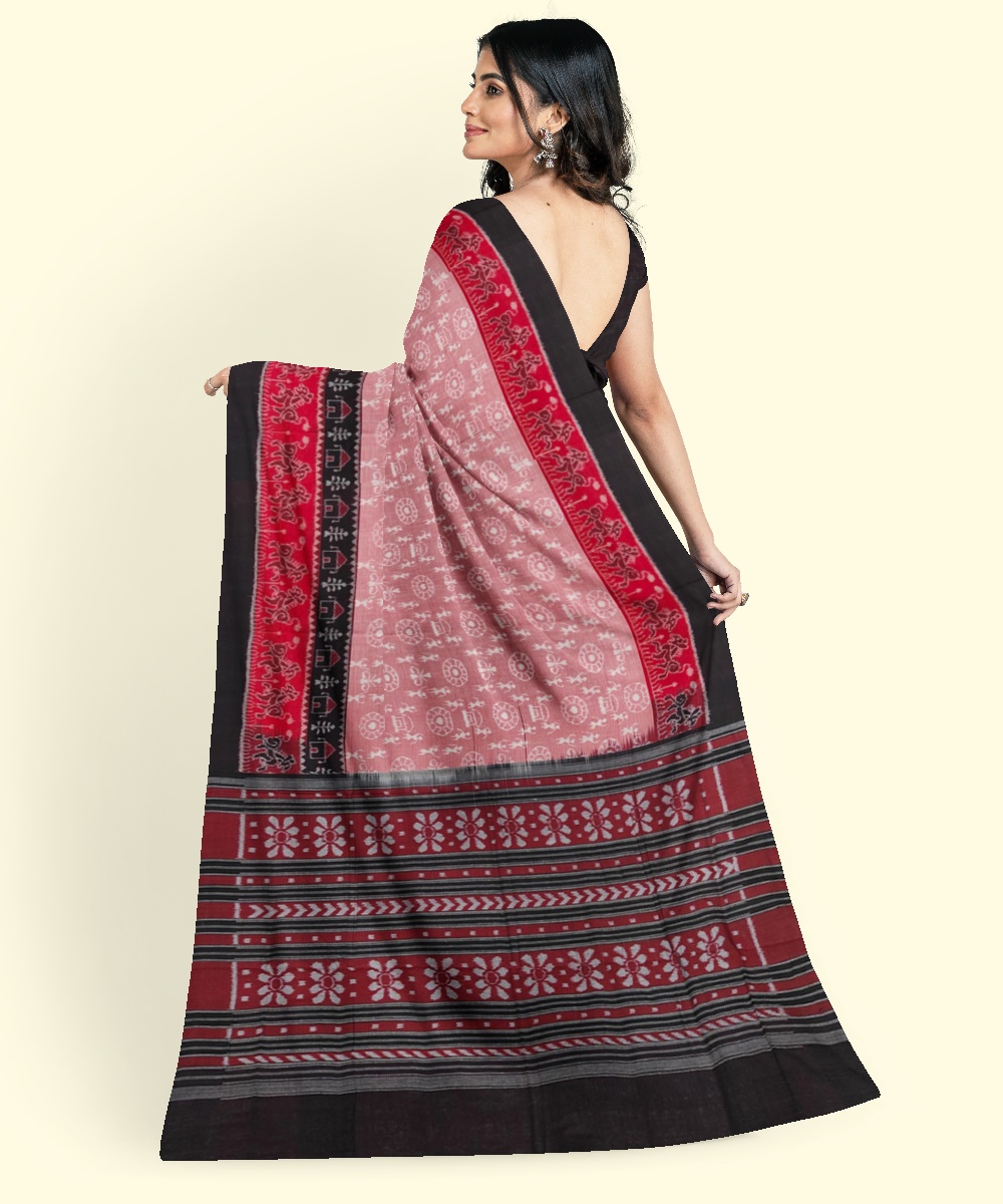 Red Sambalpuri Handwoven Single Ikat Cotton Saree Image 4