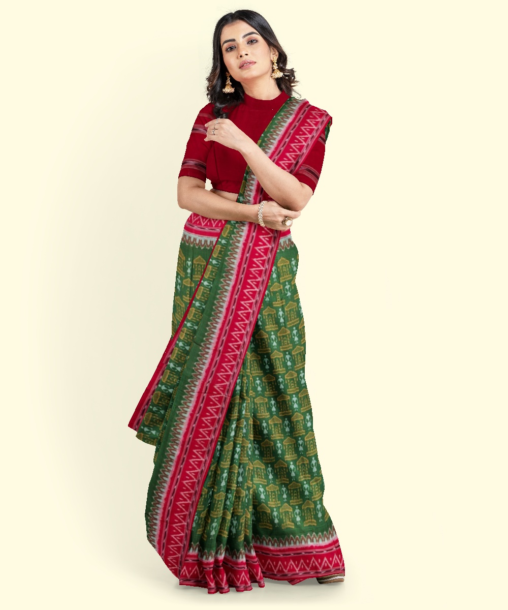 Olive Maroon Sambalpuri Handwoven Single Ikat Cotton Saree SFCSAR2002