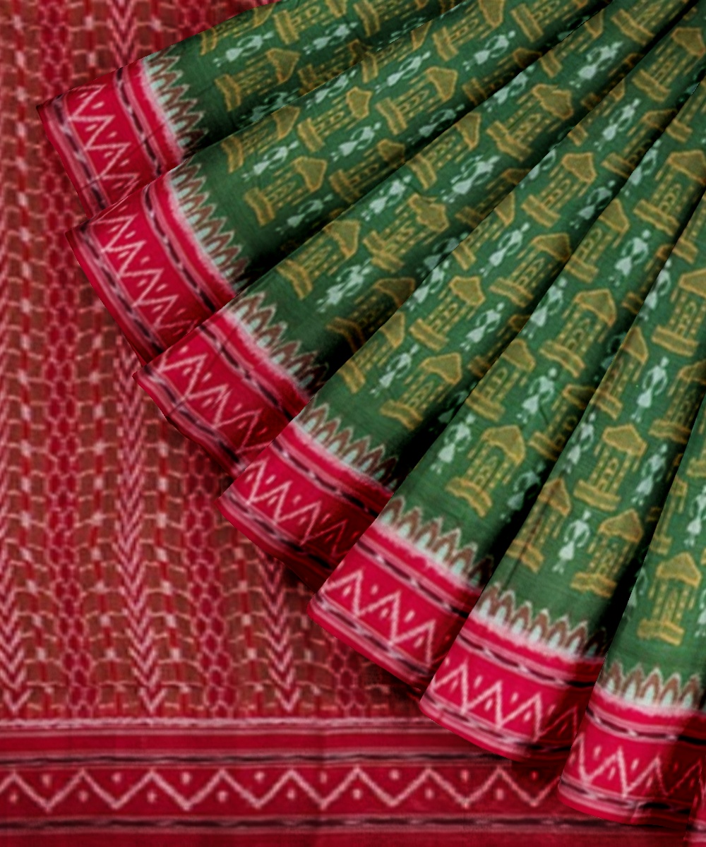 Olive Maroon Sambalpuri Handwoven Single Ikat Cotton Saree Image 2