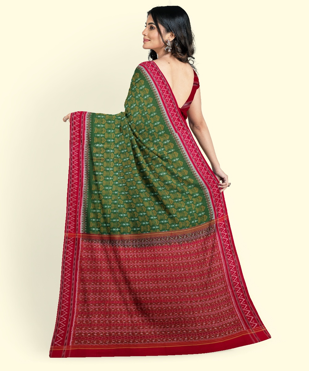 Olive Maroon Sambalpuri Handwoven Single Ikat Cotton Saree Image 4