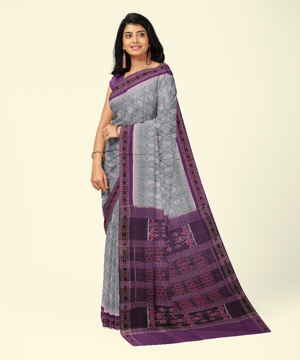 Gray Sambalpuri Handwoven Single Ikat Cotton Saree SFCSAR2003