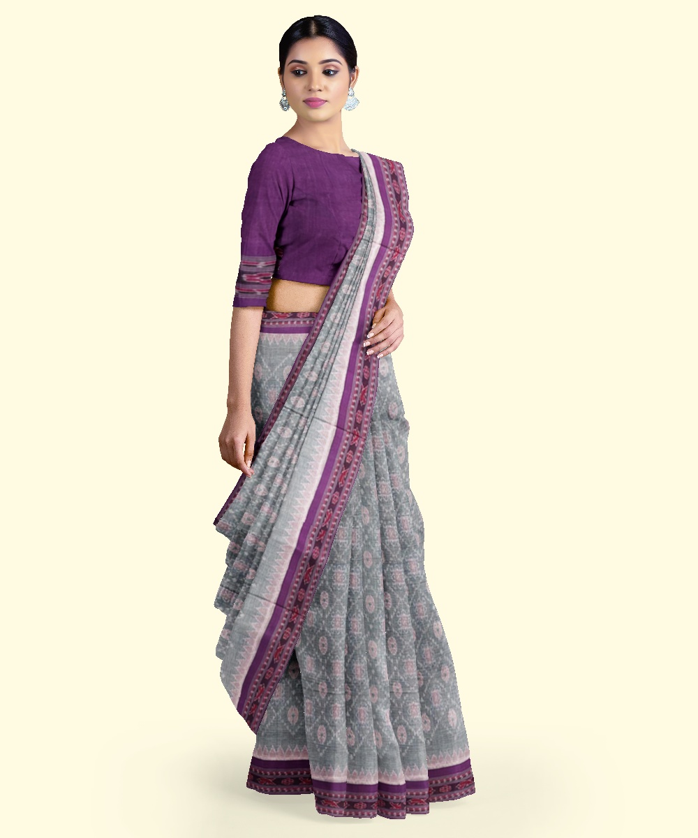 Gray Sambalpuri Handwoven Single Ikat Cotton Saree Image 3