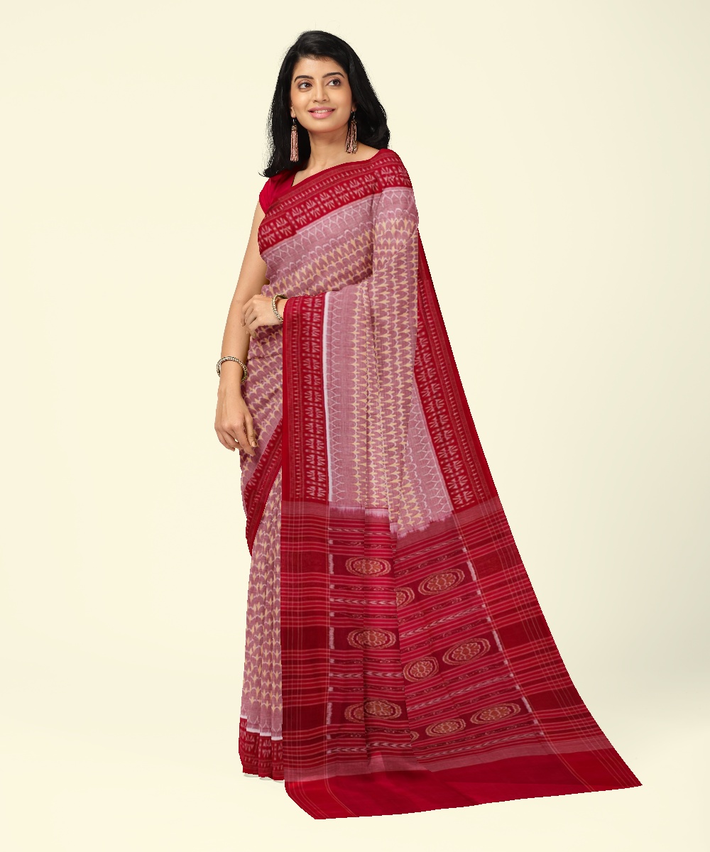 Red Sambalpuri Handwoven Single Ikat Cotton Saree SFCSAR2005