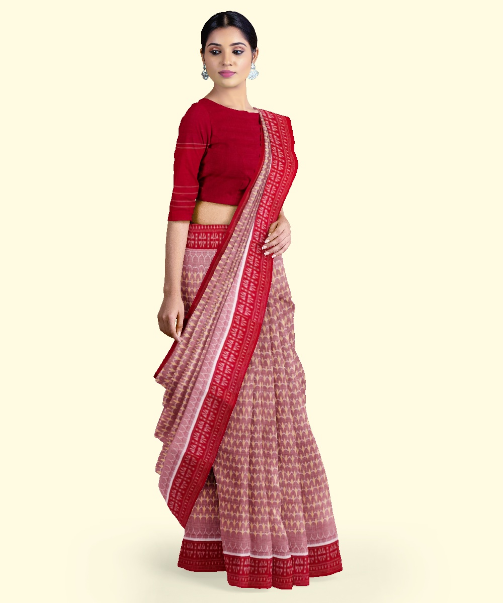 Red Sambalpuri Handwoven Single Ikat Cotton Saree Image 3