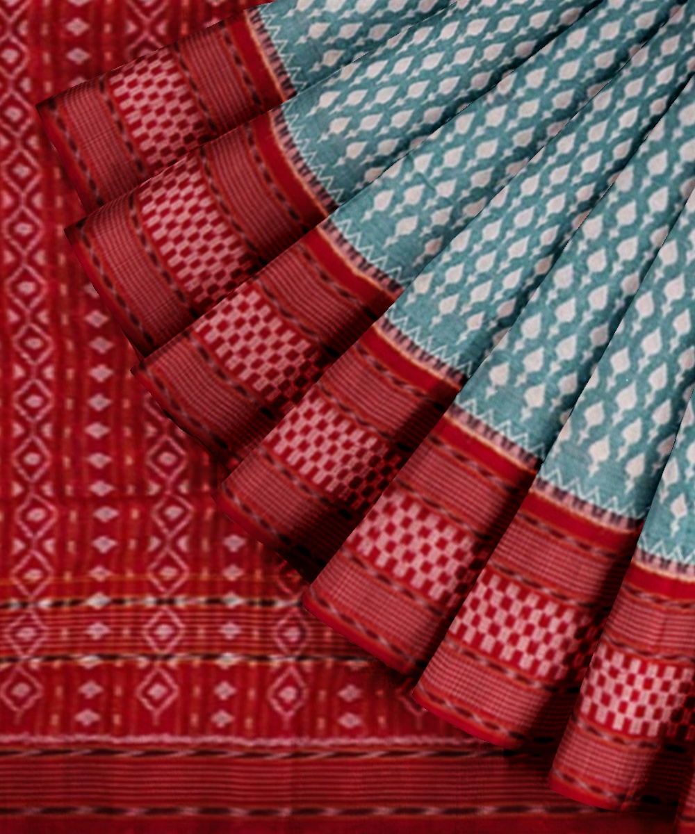 Green Sambalpuri Handwoven Single Ikat Cotton Saree Image 2