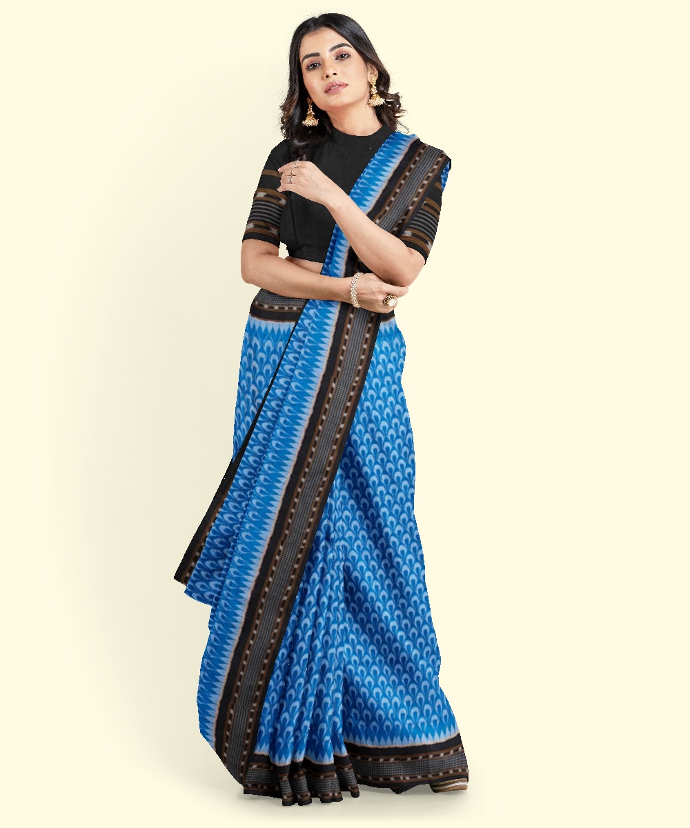 Blue Sambalpuri Handwoven Single Ikat Cotton Saree Image 3