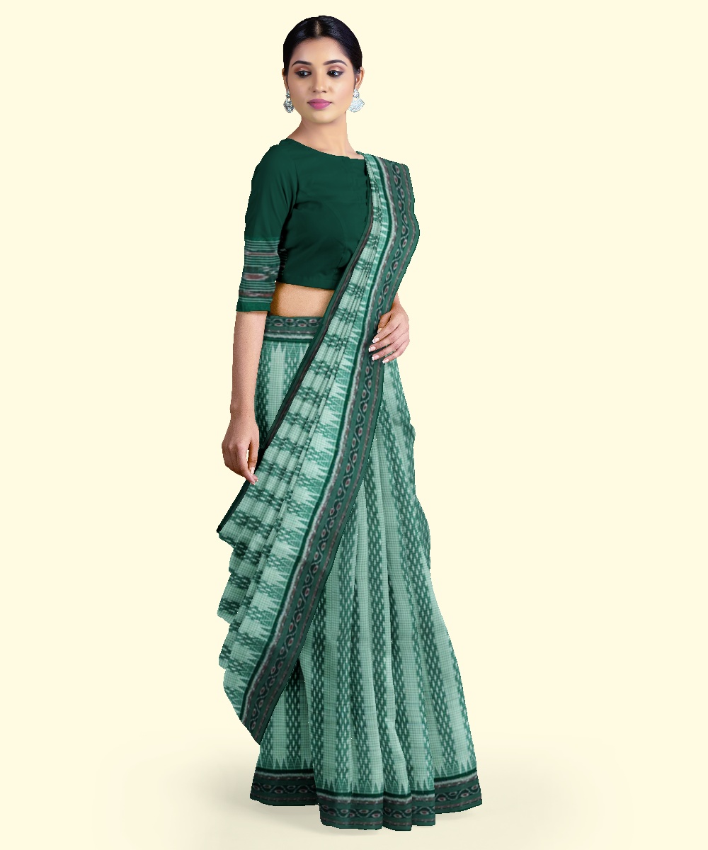 Green Sambalpuri Handwoven Single Ikat Cotton Saree Image 3