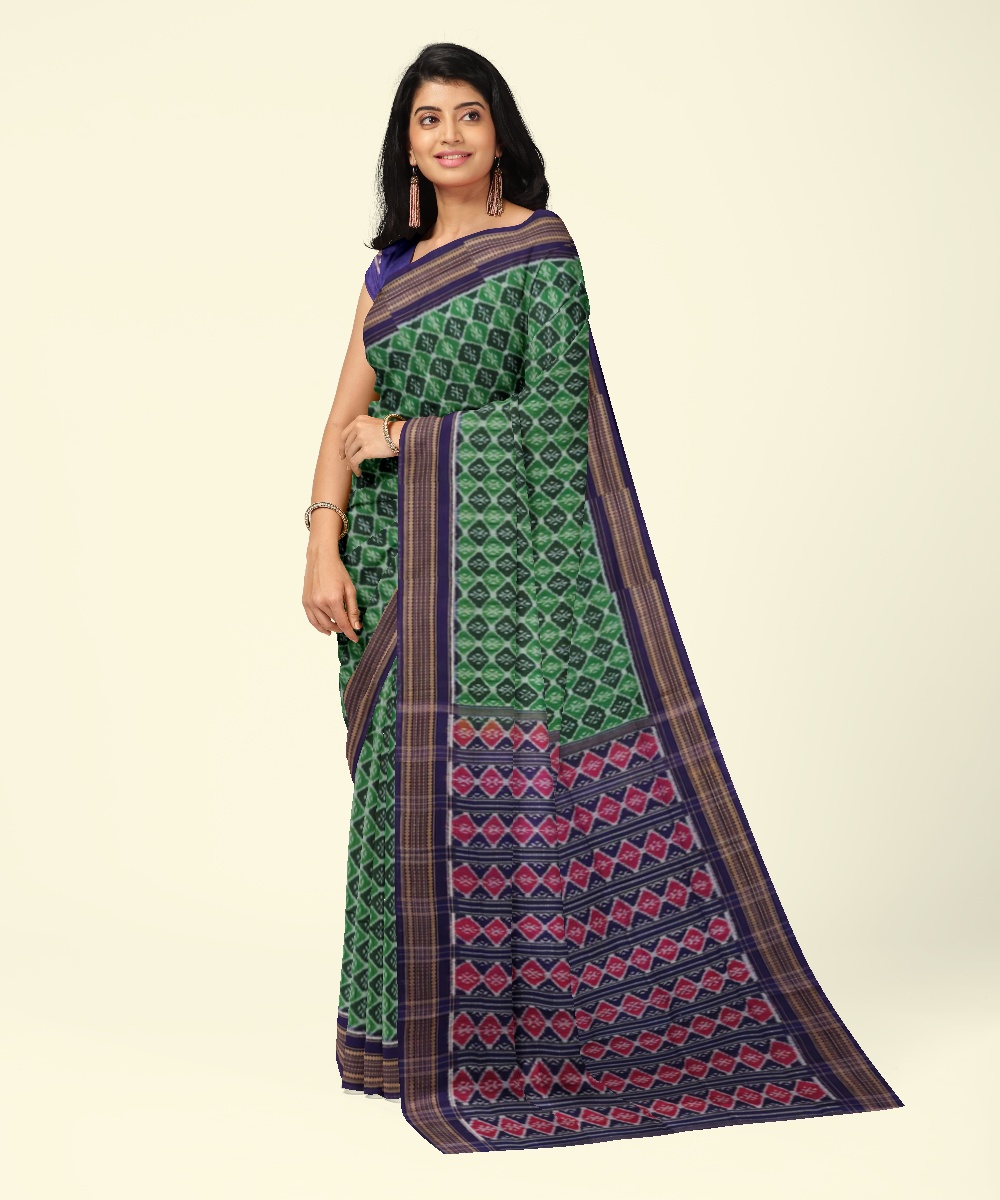 Green Sambalpuri Handwoven Single Ikat Cotton Saree SFCSAR2012