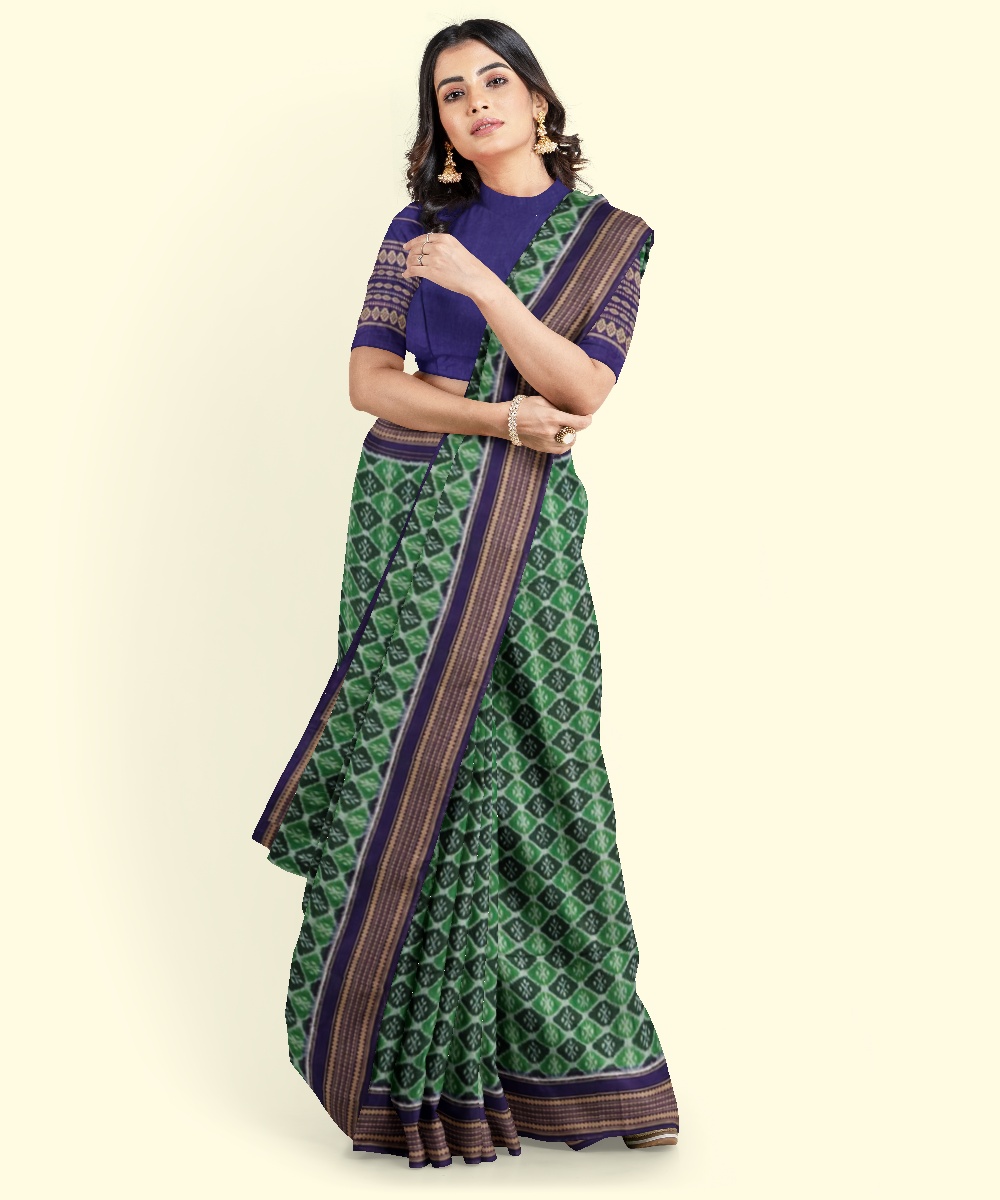 Green Sambalpuri Handwoven Single Ikat Cotton Saree Image 3