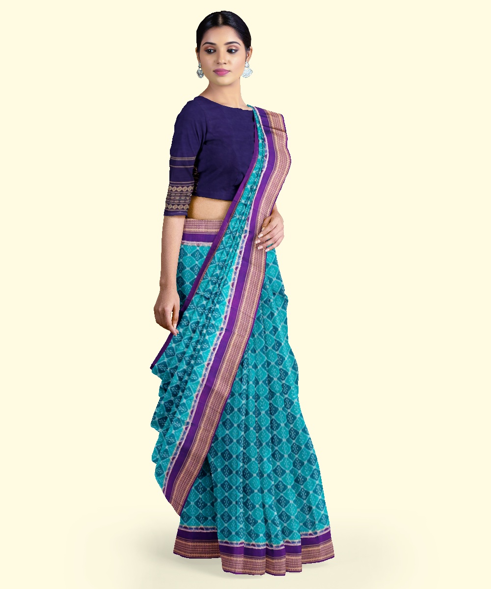 Green Sambalpuri Handwoven Single Ikat Cotton Saree Image 3