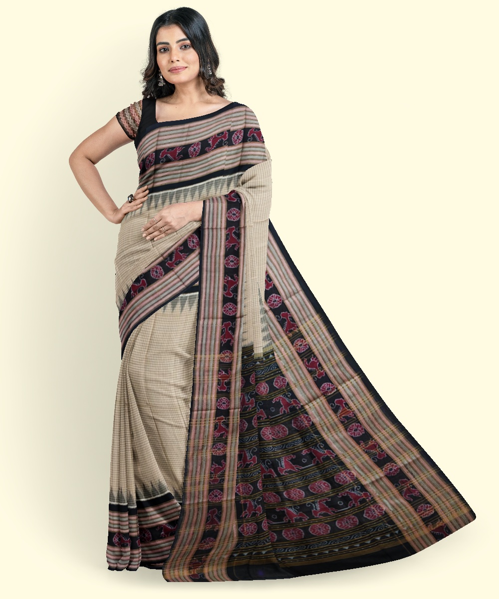 Beige Black Sambalpuri Handwoven Single Ikat Cotton Saree SFCSAR2014