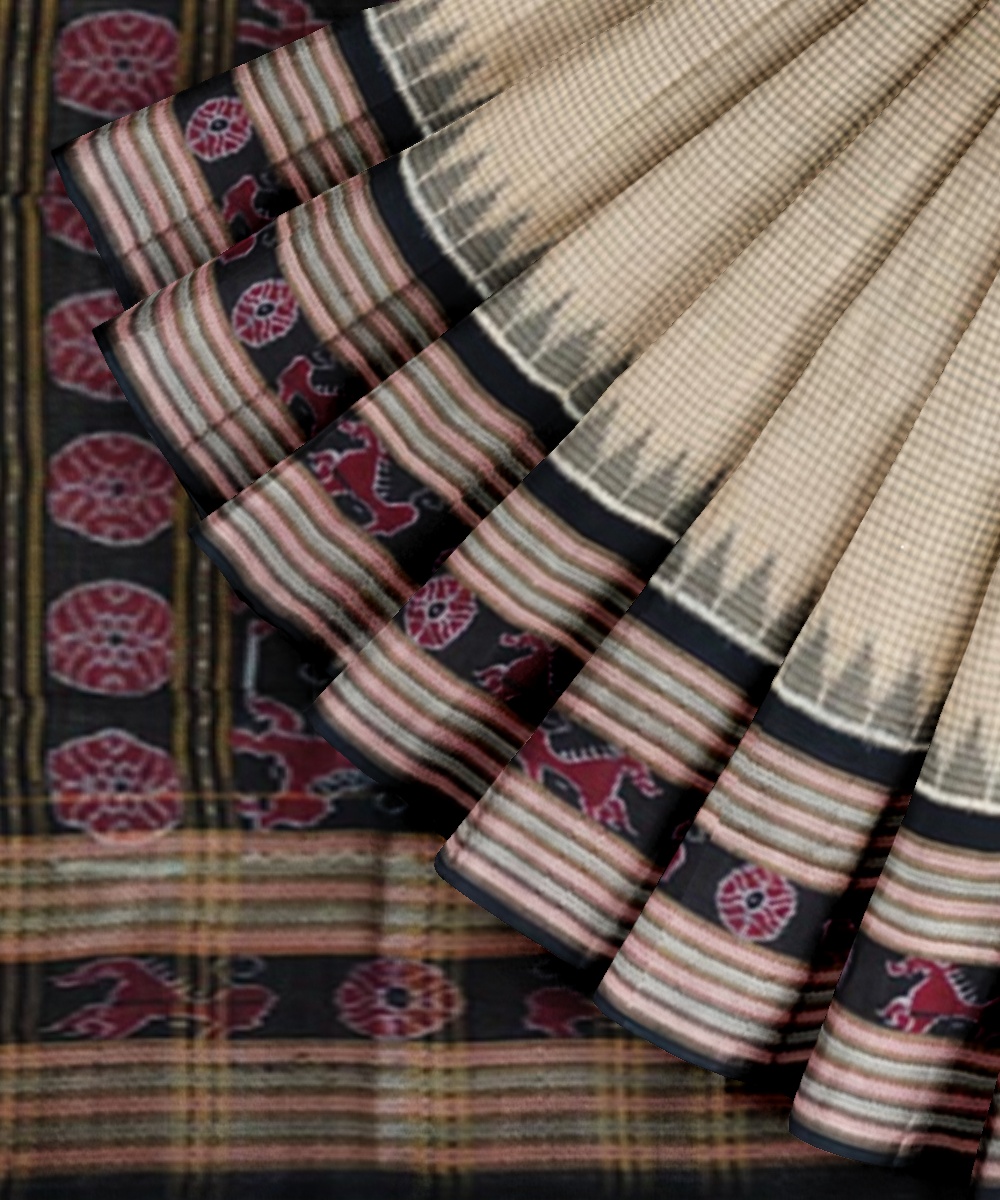 Beige Black Sambalpuri Handwoven Single Ikat Cotton Saree Image 2