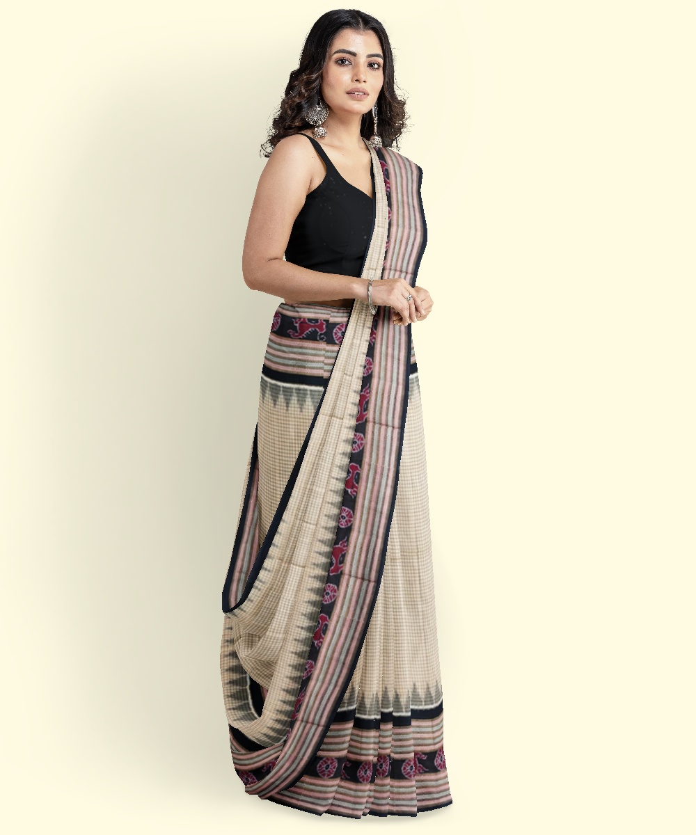 Beige Black Sambalpuri Handwoven Single Ikat Cotton Saree Image 3