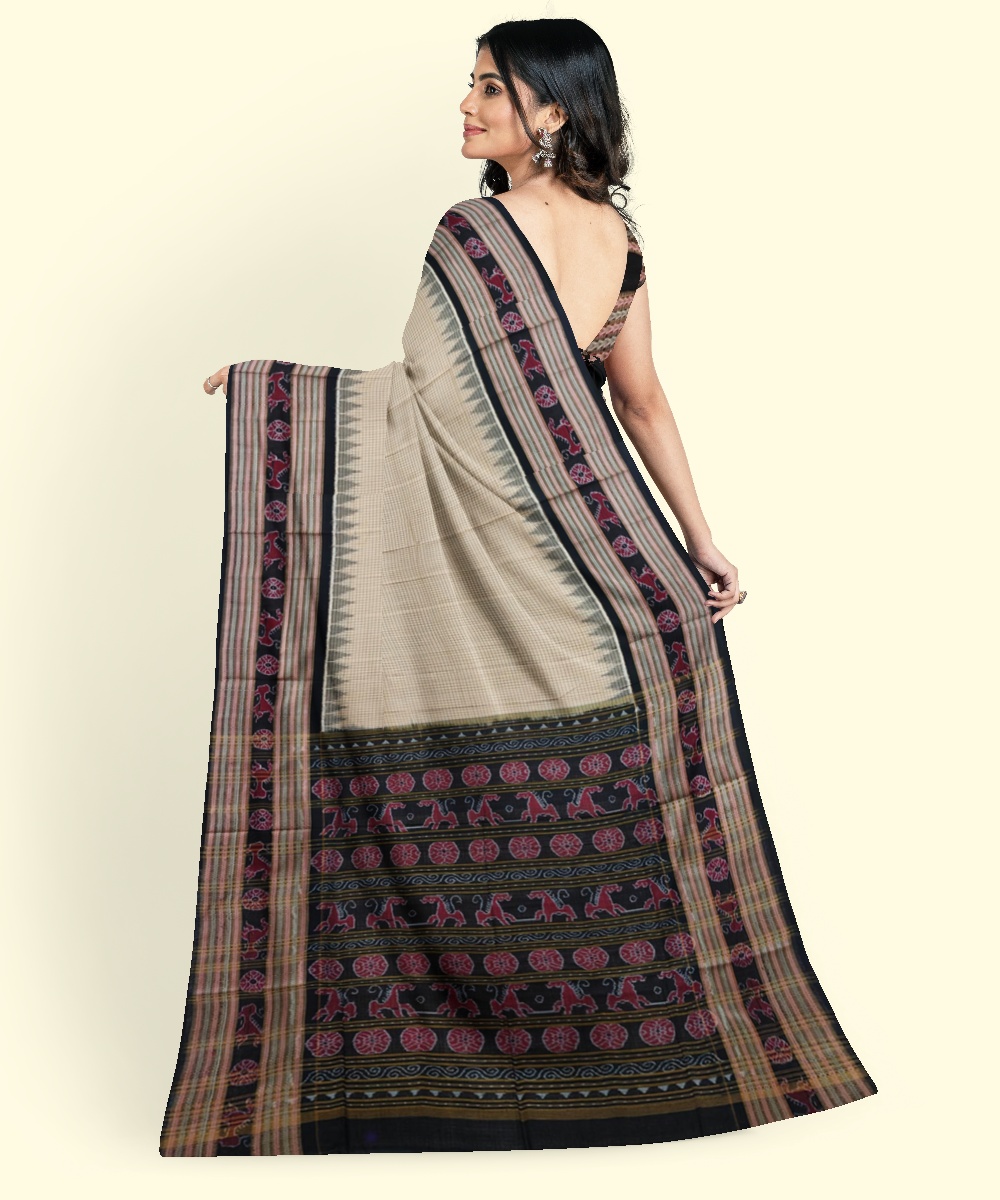 Beige Black Sambalpuri Handwoven Single Ikat Cotton Saree Image 4