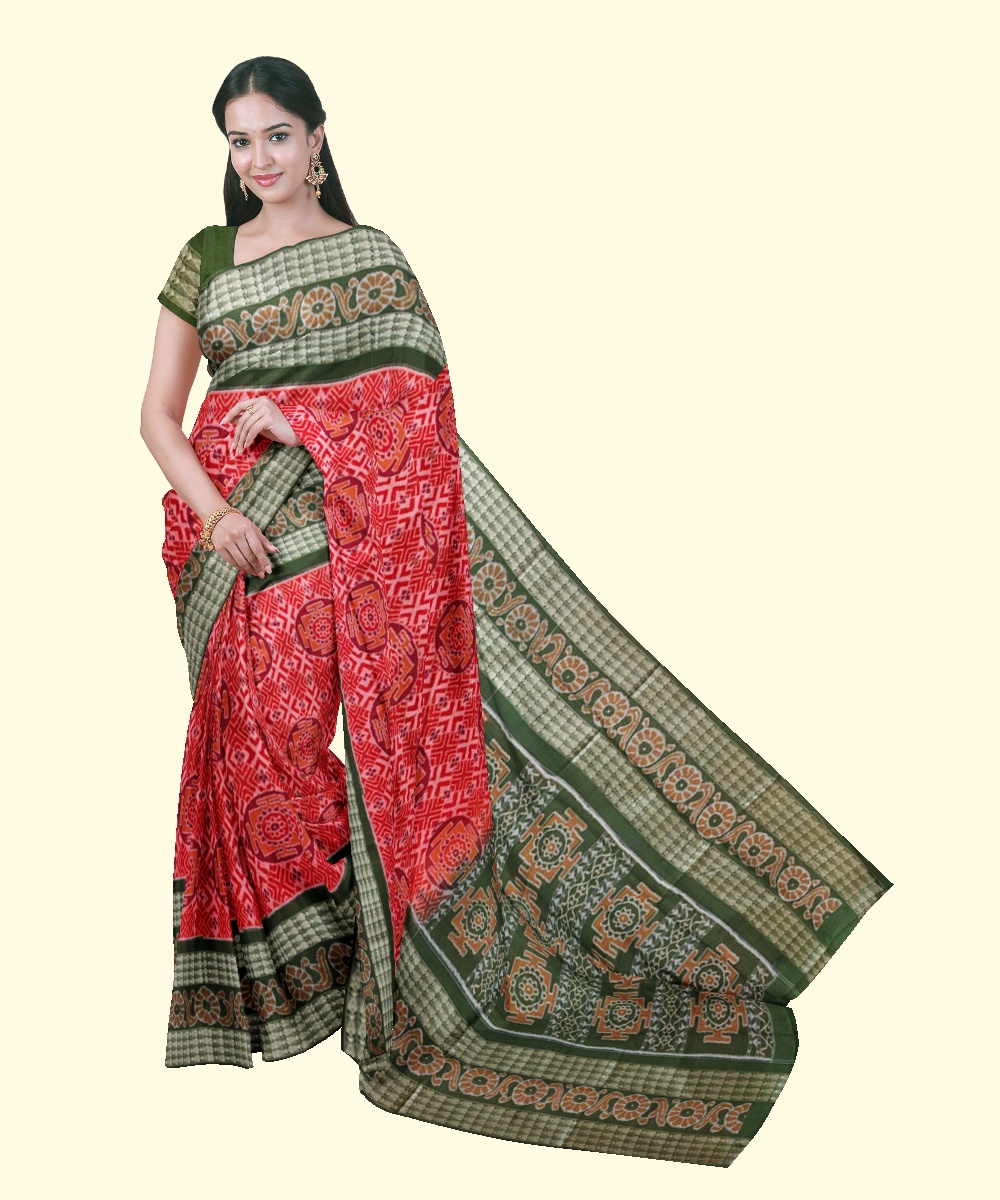 Red Olivegreen Sambalpuri Handwoven Single Ikat Cotton Saree SFCSAR2015