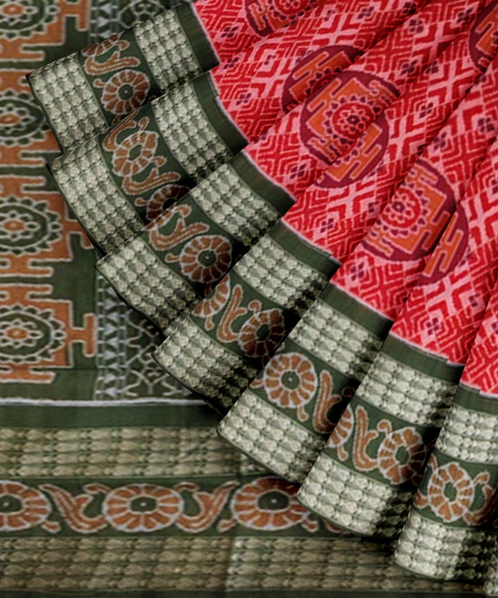 Red Olivegreen Sambalpuri Handwoven Single Ikat Cotton Saree Image 2
