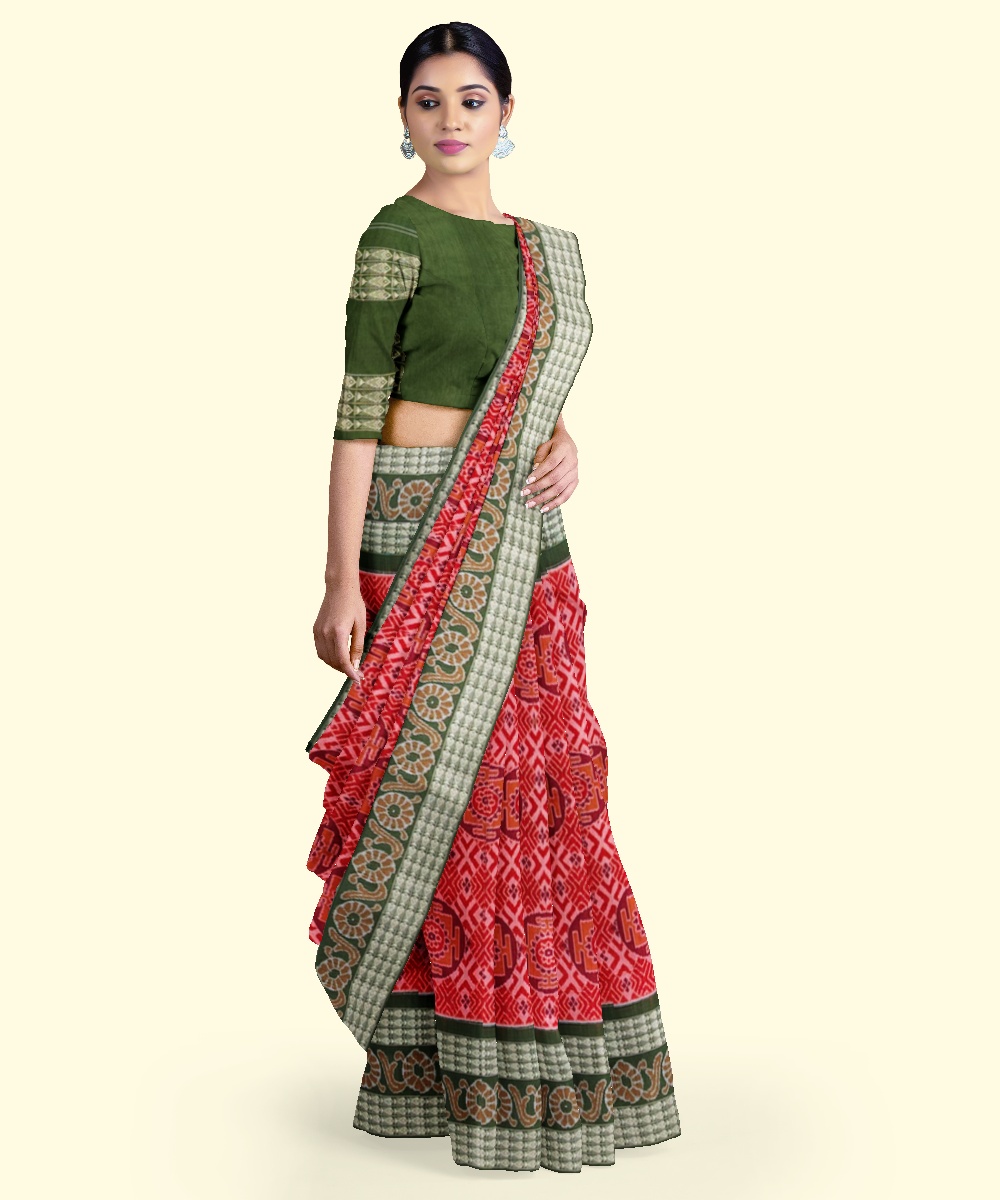 Red Olivegreen Sambalpuri Handwoven Single Ikat Cotton Saree Image 3