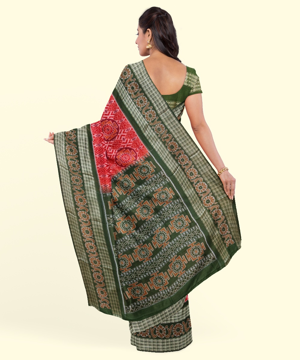 Red Olivegreen Sambalpuri Handwoven Single Ikat Cotton Saree Image 4
