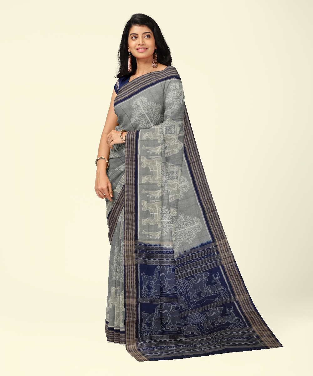 Gray Blue Sambalpuri Handwoven Single Ikat Cotton Saree Image 1