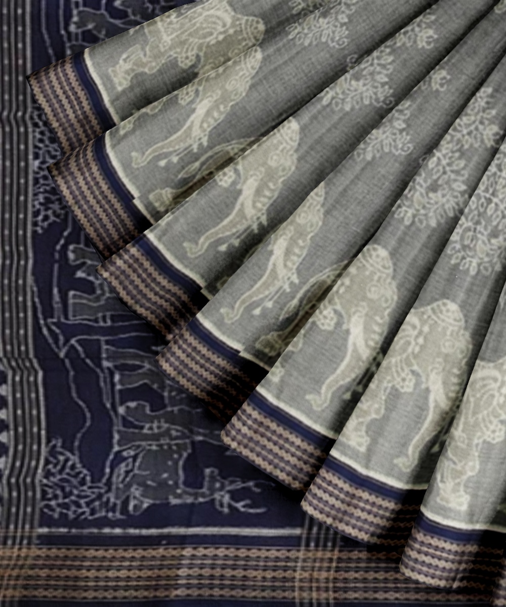 Gray Blue Sambalpuri Handwoven Single Ikat Cotton Saree Image 2