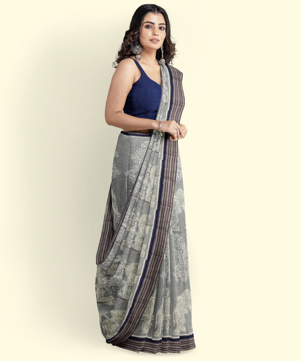 Gray Blue Sambalpuri Handwoven Single Ikat Cotton Saree Image 3