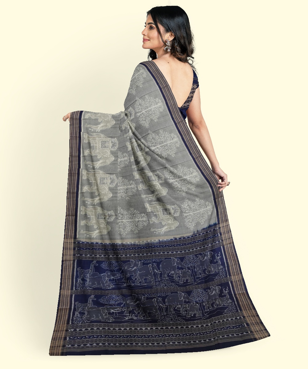 Gray Blue Sambalpuri Handwoven Single Ikat Cotton Saree Image 4