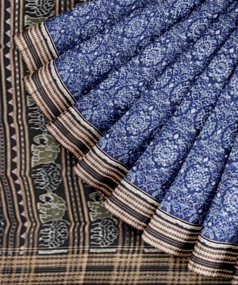 Blue Black Sambalpuri Handwoven Single Ikat Cotton Saree Image 2