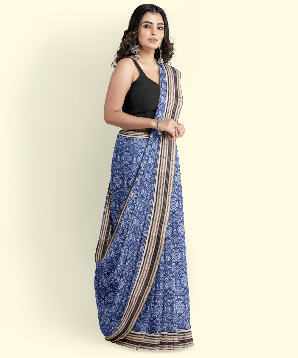 Blue Black Sambalpuri Handwoven Single Ikat Cotton Saree Image 3