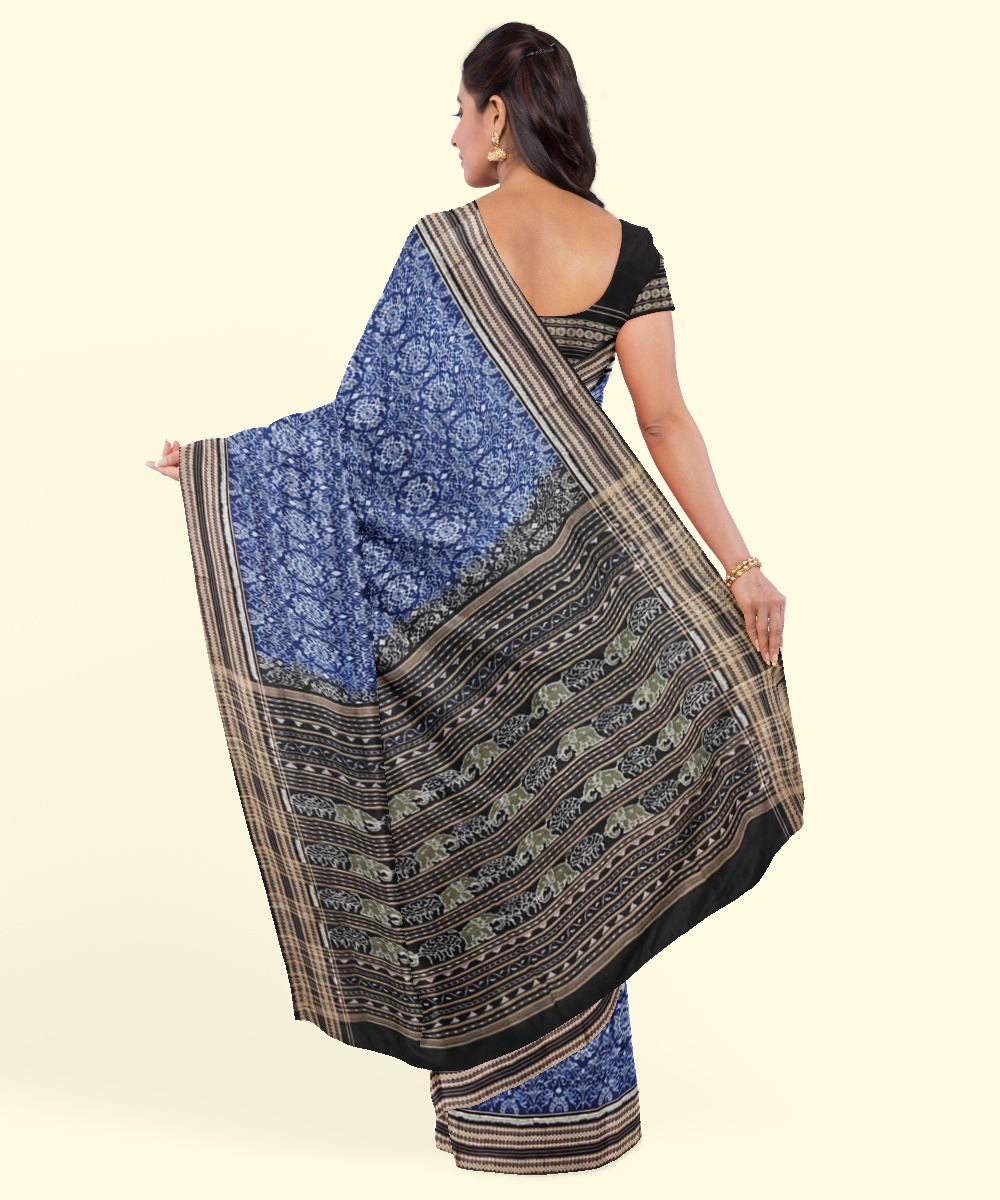Blue Black Sambalpuri Handwoven Single Ikat Cotton Saree Image 4