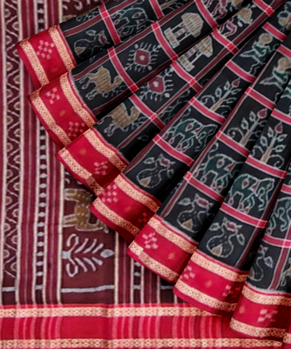 Black Red Sambalpuri Handwoven Single Ikat Cotton Saree Image 2