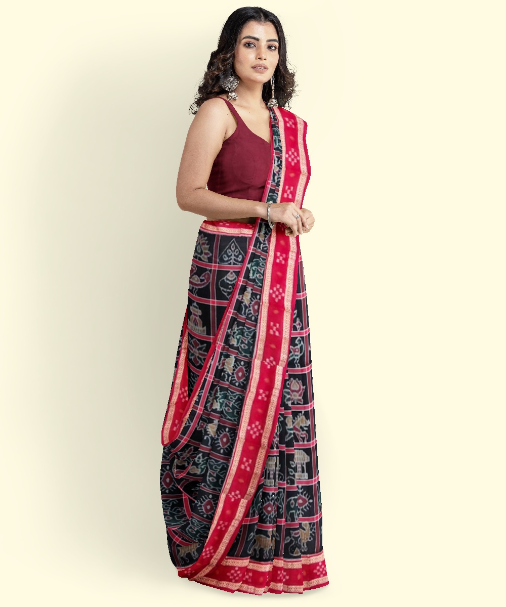 Black Red Sambalpuri Handwoven Single Ikat Cotton Saree Image 3