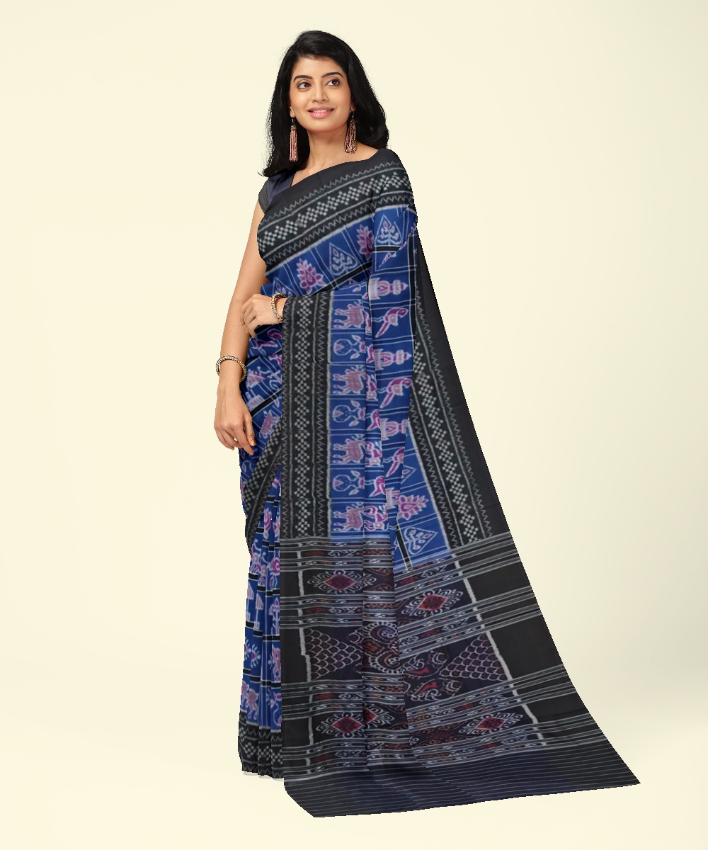 Blue Black Sambalpuri Handwoven Single Ikat Cotton Saree SFCSAR2071